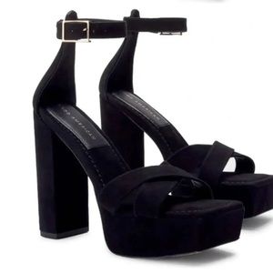 GOOD AMERICAN Platform Ankle Suede Heels Black Gold Buckle Square Toe 9.5 or 13